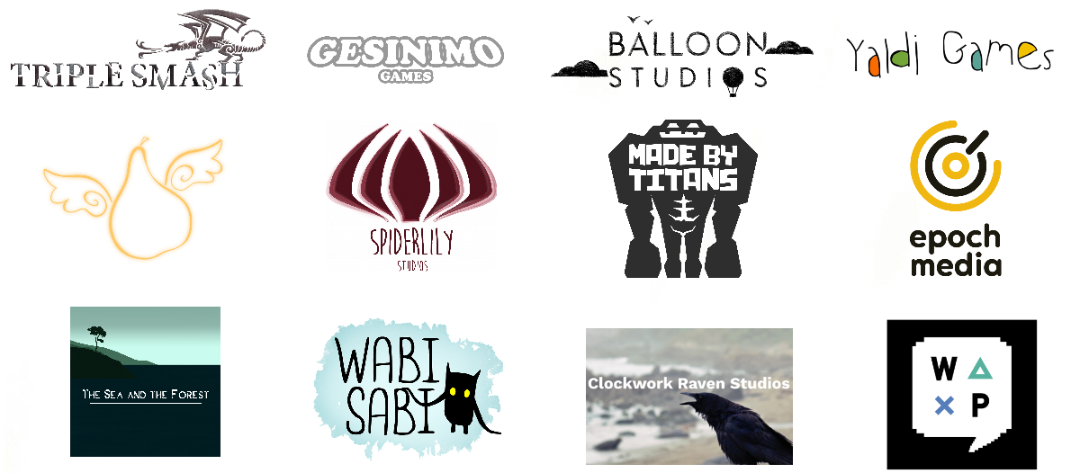 From left to right in descending order: Triple Smash Studios, Gesinimo Games, Balloon Studios, Yaldi Games, Flightful Pear Studios, Spider Lily Studios, Made By Titans, Epoch Media, The Sea And The Forest, Wabisabi Play, Clockwork Raven Studios and Wordplay Games.